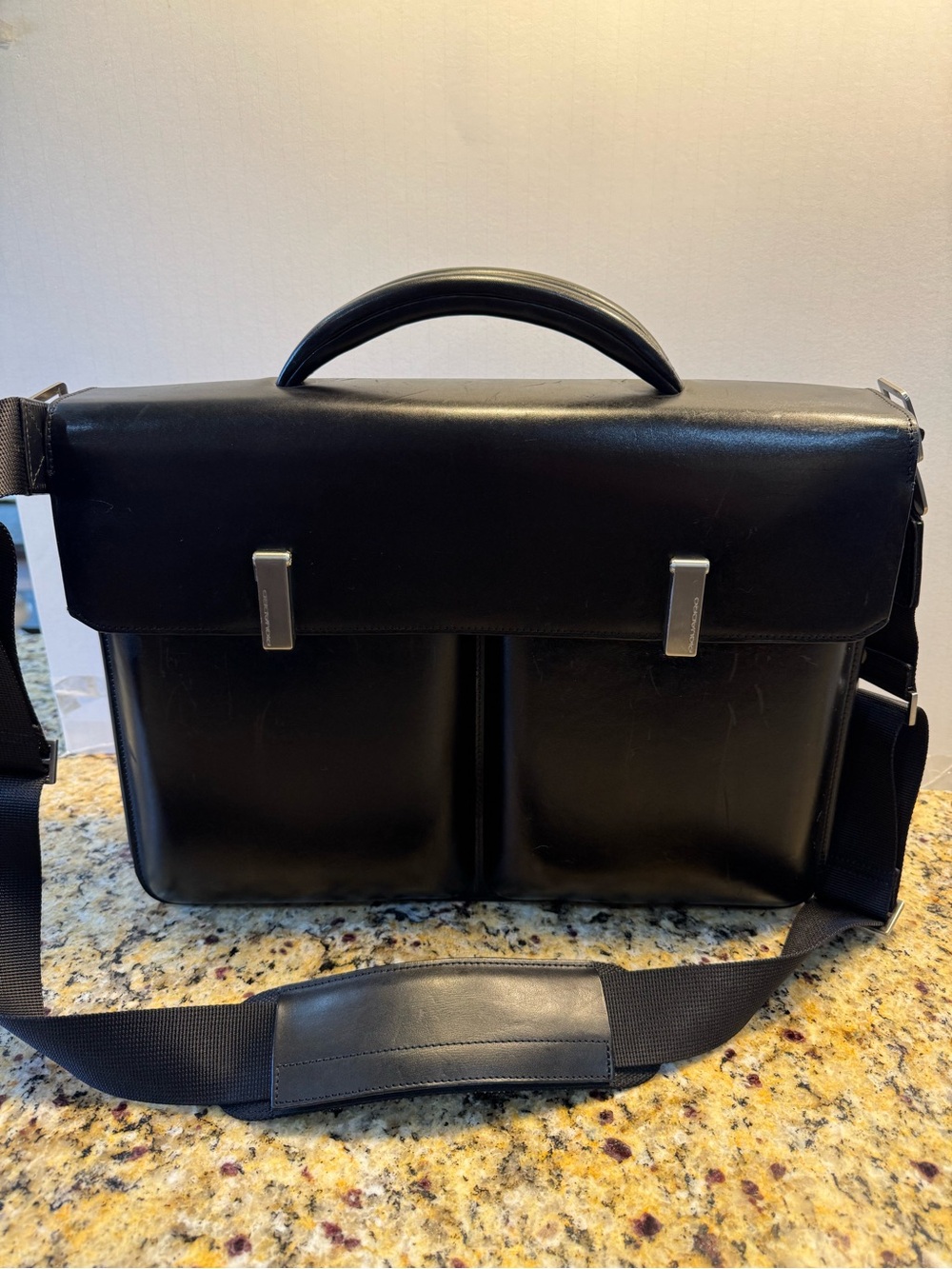 Black Leather Laptop Briefcase with Shoulder Strap